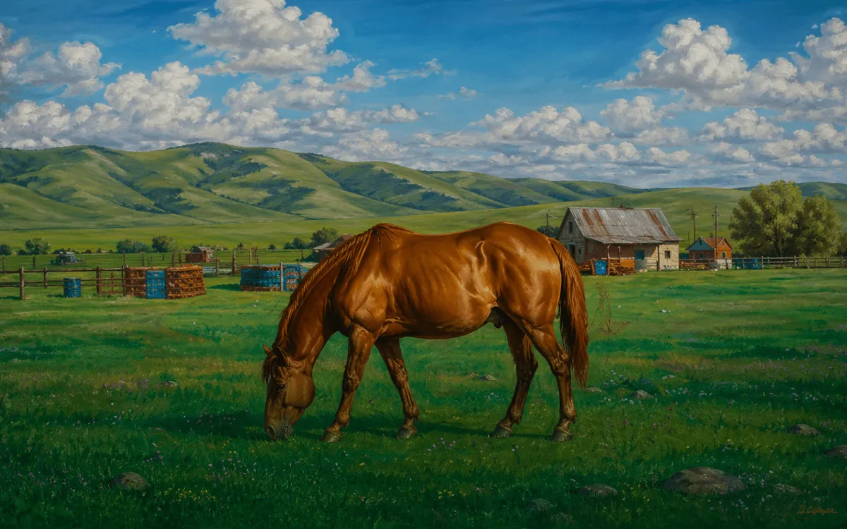 A horse grazing on the Mongolian steppe beside a wooden cabin